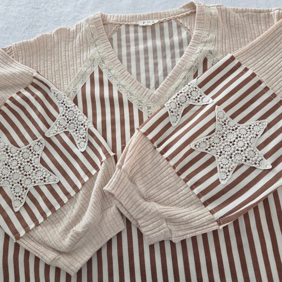 POL Striped V-Neck Top Lace Star Sleeves Balloon Brown Cream Size M NWT - Picture 9 of 12